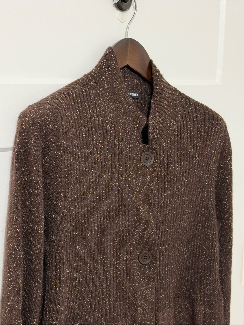 Eileen Fisher Brown Speckled Wool Angora Silk Long Cardigan Sweater L